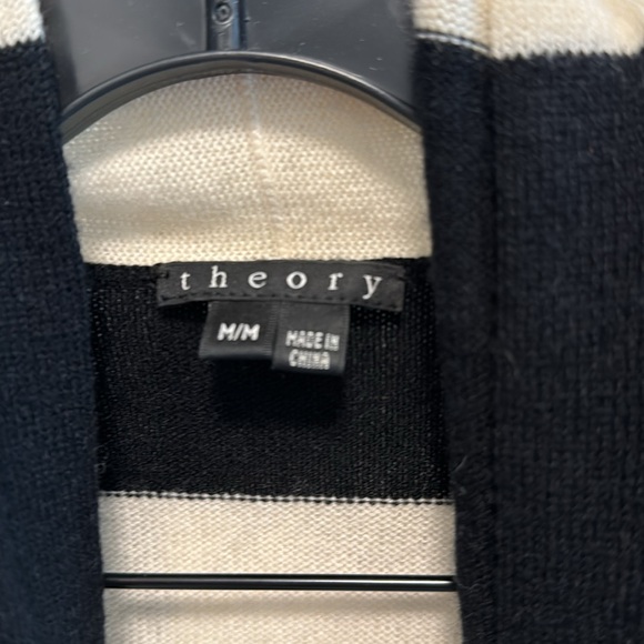 THEORY Cashmere black and cream/white striped cardigan wrap lightweight medium - Picture 2 of 4